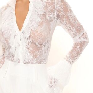 Brand New With Tags | White Lace Ruffle Button-Down Top – Sheer & Sexy